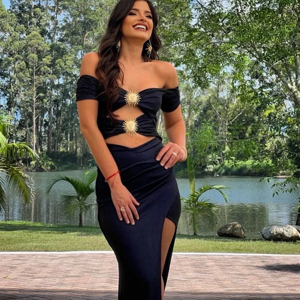 Long Navy Gown w/ Gold Sun Accents, size XXS/XS - Picture 7 of 7